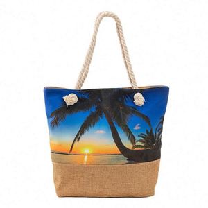 Bolsa de Compras de Lona de Moda de Verano, Bolsa de Playa de Algodón con Estampado de Palmeras de Coco, Gran Capacidad, para Mujer - Product Image 1