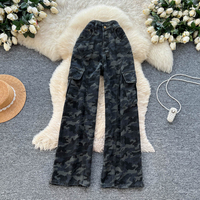 Pantalon cargo camouflage taille haute pour femme, coupe droite ample, jambe large, style décontracté rétro pour le printemps et l'été
