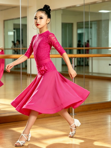 Conjunto de leotardo de encaje magenta <span class=keywords><strong>para</strong></span> baile latino con falda, de gran vuelo, de malla, <span class=keywords><strong>para</strong></span> <span class=keywords><strong>tango</strong></span>, samba, vals, vestido de escenario <span class=keywords><strong>para</strong></span> niñas - Product Image 5