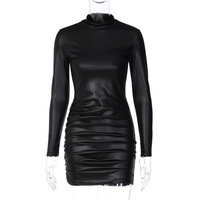 Robe mini plissée en cuir sexy pour femmes 2023 Clubwear Bodycon Col rond Fitness Nightclub Vente en gros