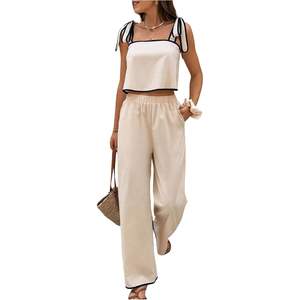 Conjunto de 2 piezas de verano para mujer, top corto sin mangas y pantalones, informal, transpirable, de crepé, para viaje. - Product Image 5