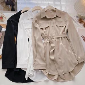 Blus Wanita Musim Gugur Semi Panjang Model Tunik Kerah Lipat Vintage Lengan Panjang Aksen Tali Kemeja Kasual Wanita - Product Image 3