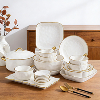 Service de Table de Luxe en Céramique de Haute Qualité Style Nordique, Assiettes, Bols, Vaisselle en Porcelaine à Bord Doré