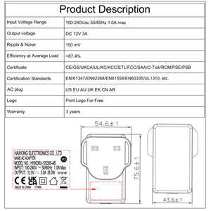 Carregador Rápido Portátil AC-DC 12V3A 36W Adaptador de Energia Universal Certificado CE GS para Câmera LED CCTV - Product Image 5