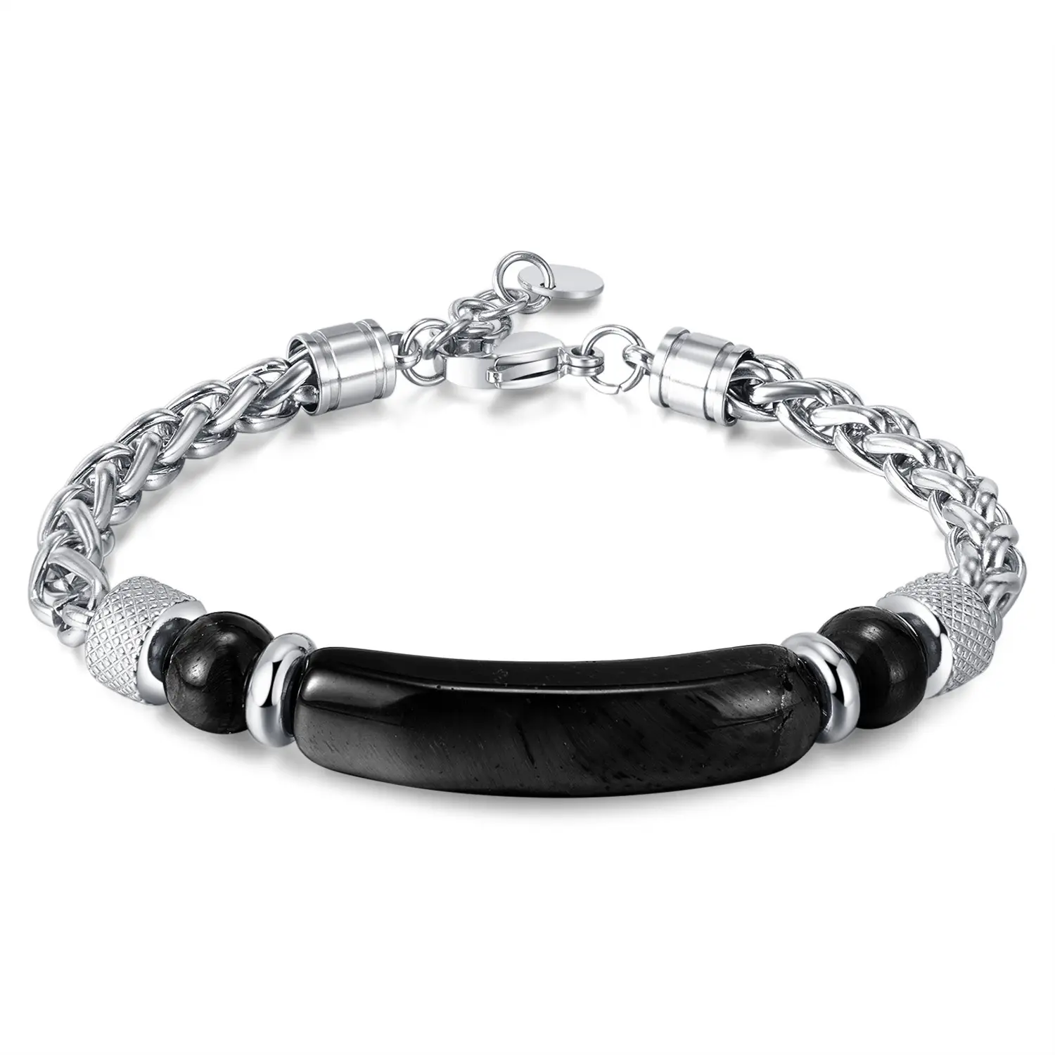 High Quality Fashion 316 Stainless Steel Handmade Chain Black Agate Tiger Eye Stone Beaded Link Bracelet For Men