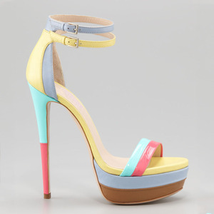 Zapatos de tacón alto de plataforma de talla grande 46 para mujer, sandalias de punta abierta con doble correa y hebillas, estilo patchwork para bailarinas. - Product Image 6