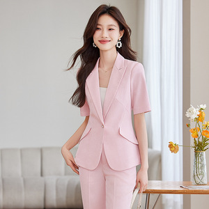 Pink Short Sleeve Women's Suit Set Summer Breathable Office Lady Style Polyester Fabric - Product Image 1