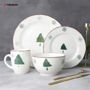 16 pieces handpainted christmas plates decorative dinner sets with mug stone floral chinese ceramic dinnerware tableware set