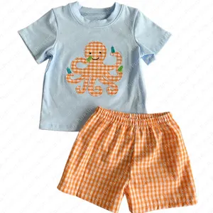 Baby Girls Summer Clothing Set Sibling Matching Custom Smocked Outfits Kids Toddler Fish Embroidery Clothes