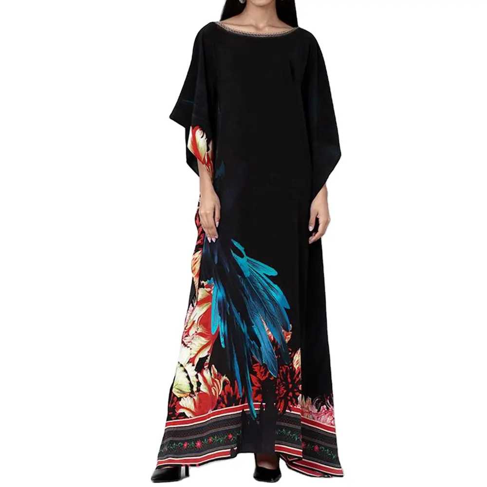 Wholesale Elegant Middle East Muslim Dress Black And Blue Splash Print Half Sleeve Loose Fit Full Length Maxi Dress Kaftan