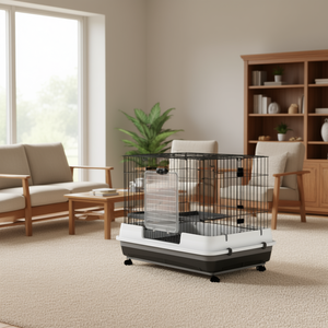 Cage à lapins noire à 2 niveaux avec plateau amovible, cage pour petits animaux, pour lapins, chinchillas, furets, cage pour animaux de compagnie avec roulettes - Product Image 2