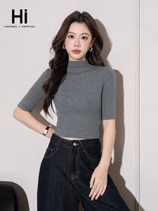 Nouveau Crop Top Court Femme Printemps Automne 2025, Tricoté à Col Demi-Montant et Manches Mi-Longues, Style Basique, Tendance et Polyvalent - Product Image 2