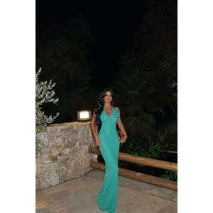 Robe de soirée en crochet vert aqua avec détails roses, col rond, taille empire, longueur ras du sol, style robe de bal pour demoiselles d'honneur et soirées - Product Image 6