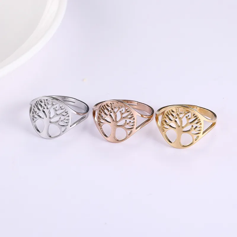 European Style Stainless Steel Jewelry Wholesale Retro Shine Silver Gold Rose Gold Tree Of Life Hollowed-out Adjustable Ring