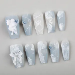 Long 3D Ballerina Blue Gypsum Angel Purity High Quality Press On Nails Artificial Nails False Nails With Design