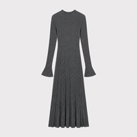 Robe en maille côtelée noire pour femme, col roulé, manches longues, longueur midi, marque privée, vente en gros