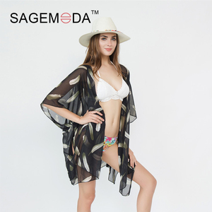 Donne alla <span class=keywords><strong>moda</strong></span> Stampato Floreale Lungo Scialle Spiaggia in Bianco <span class=keywords><strong>e</strong></span> Nero di Seta Del Kimono Dubai - Product Image 2