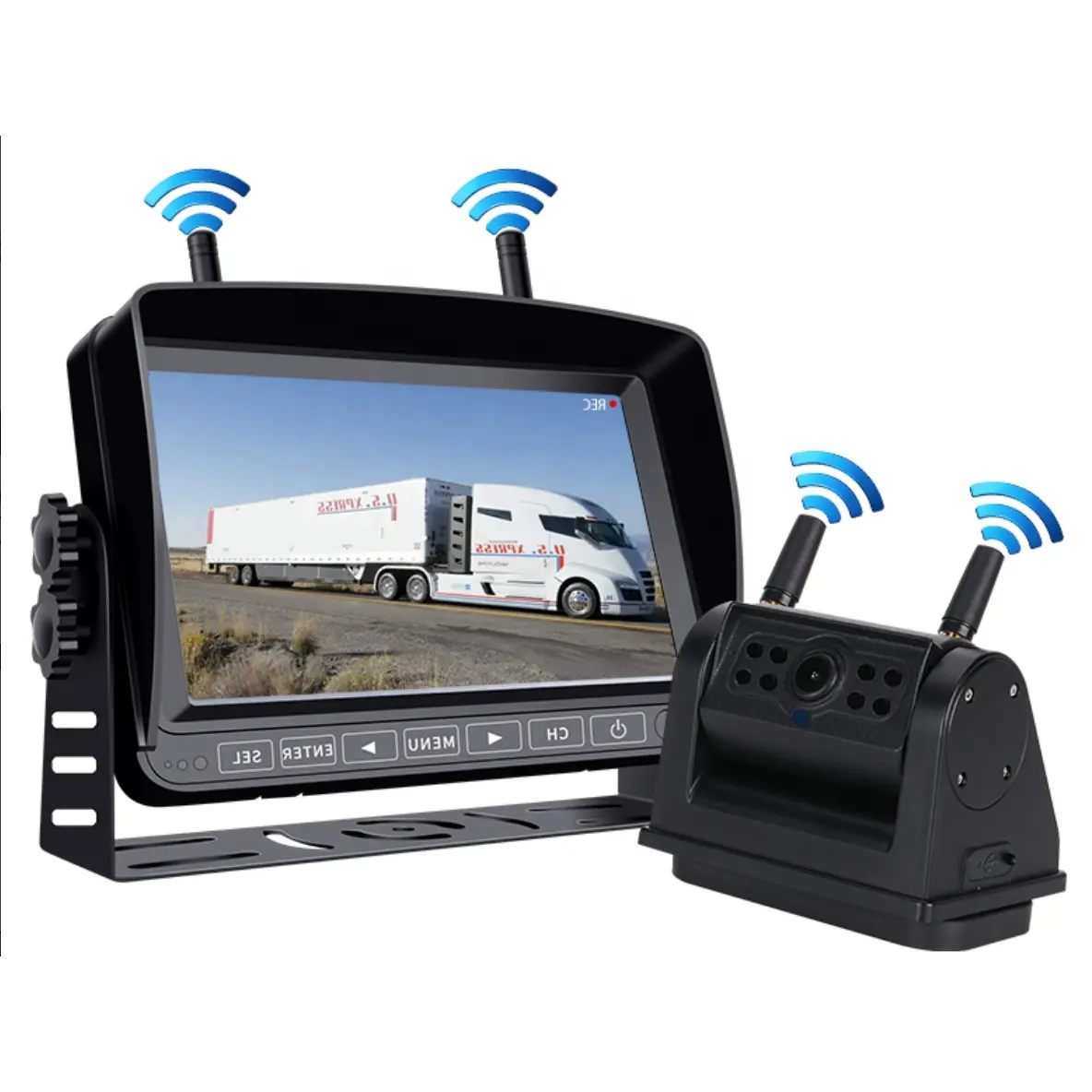 Camión de remolque vehículo de ingeniería grande WiFi cámara de visión trasera con cámaras de seguridad inalámbricas magnéticas con monitor receptor