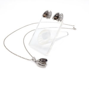 Ensemble pendentif et boucles d'oreilles en argent sterling 925 avec quartz fumé naturel, plaqué rhodium, bijoux fins OEM ODM - Product Image 4