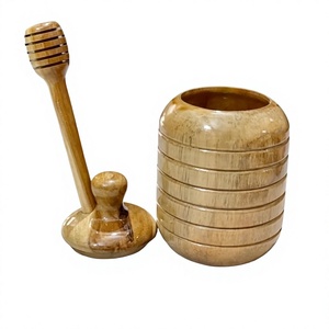 Pot à miel en bois fait main avec couvercle et cuillère, style rustique, design grain de bois naturel, pour la cuisine - Product Image 2