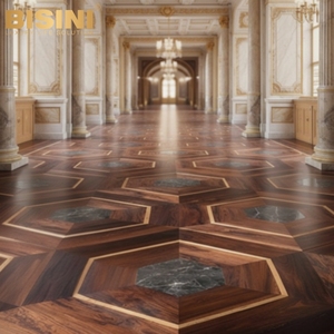 Revêtement de sol sur mesure de qualité muséale pour propriétés de luxe : Hexagones en marbre Verde et mosaïque en bois de rose Santos avec finition en laiton ajustée à la main - Product Image 3