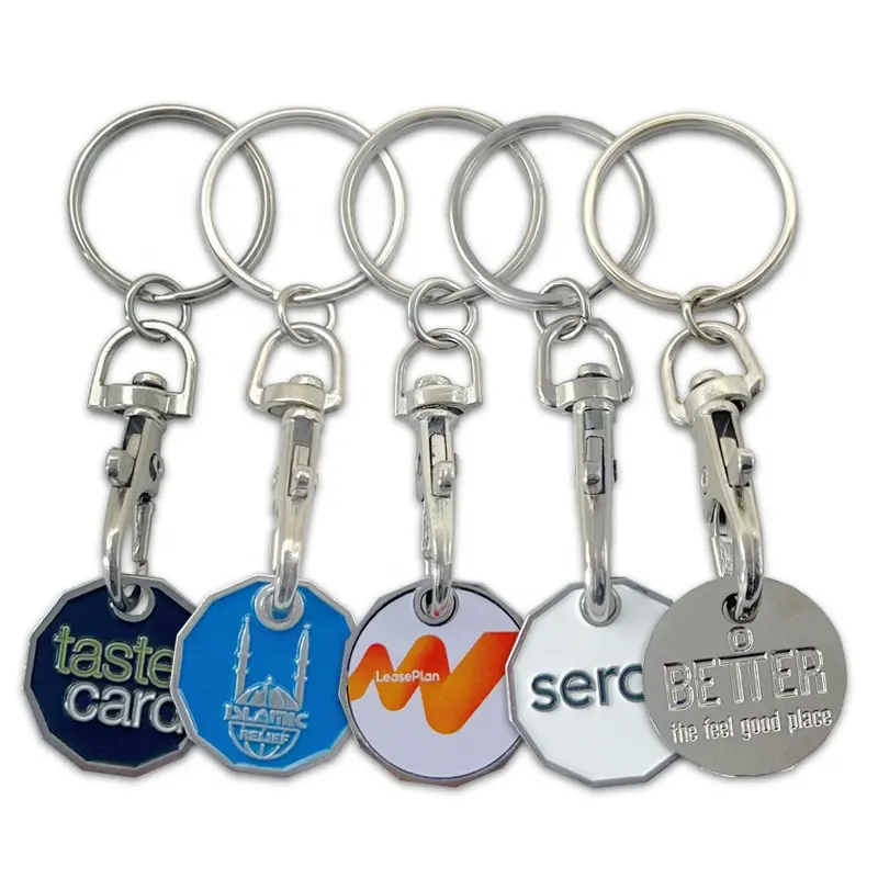 Vente chaude Personnalisé Émail Impression Société Logo En Métal Serrure Vierge Supermarché Chariot Panier Jeton Coin Porte-clés