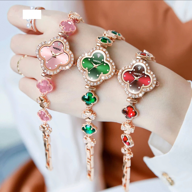 NIBOSI 2617L Fashion Four Leaf Clover Design Classic Diamonds Bracelet Band Women Wristwatches Ladies Quartz Watches