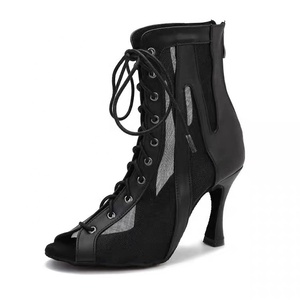 Petites tailles maille à lacets <span class=keywords><strong>talon</strong></span> haut femmes <span class=keywords><strong>bottines</strong></span> confortables noires professionnelles bottes de danse latine - Product Image 6