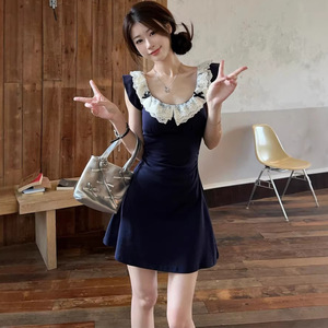 Lace Trimmed U Neck A Line Bodycon Dress Natural Waist Leisure Daily Wear Short Sleeve Casual Dress - Product Image 1