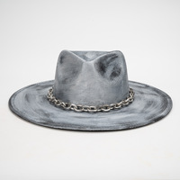 Vintage Distressed Gebürsteter Fedora-Hut mit Breiter Krempe Punk Jazz Hut mit Metallkette Unisex Gothic Cosplay Kostüm Zylinder Grau Schwarz