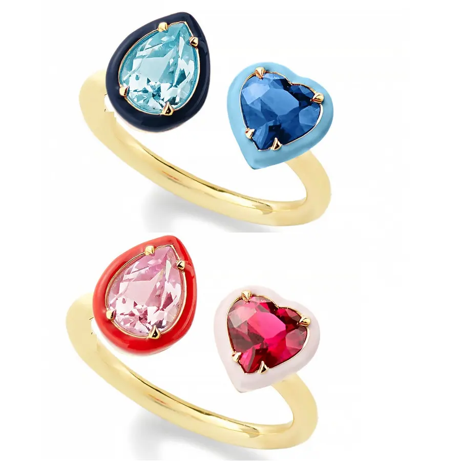 Gold Plated Fashion Crystal Engagement Colorful Enamel Women Jewelry Tear Drop Heart CZ Dripping Oil Adjust Ring