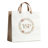 Sac cadeau en papier avec logo personnalisé, motif floral blanc, poignée en satin doré, emballage pour mariage, boutique, cosmétiques, vêtements