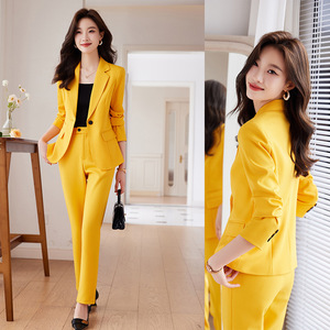 Women's Yellow Suit Set Full Sleeve Polyester Anti-Wrinkle Office Lady Spring <b>Work</b> Wear - Product Image 1
