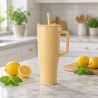 Gobelet jaune citron de 40 oz avec poignée et couvercle à paille, tasse couleur unie, garde les boissons froides et chaudes pour le sport, la gym, portable