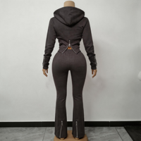 Ensemble coordonné sweat à capuche et pantalon gris anthracite uni, personnalisable avec logo, en coton et élasthanne, tenue décontractée pour femme, style streetwear, automne