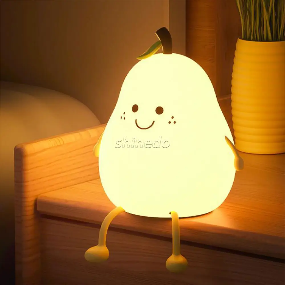 LED Pear Fruit Night Light USB Rechargeable 7 Colors Dimming Touch Silicone Table Lamp Cartoon Cute Bedroom Decor Bedside Lamp