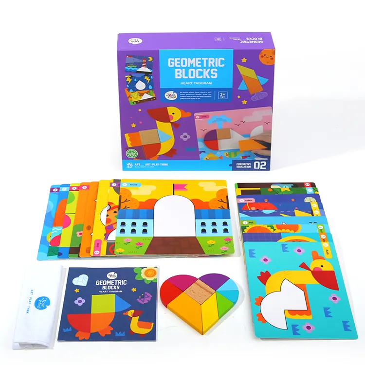 children diy multi color geometric Blocks custom wooden tangram puzzle game