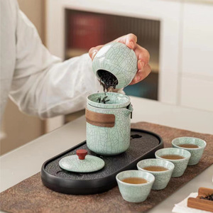 Juego de té de viaje Ru Ware con esmalte craquelado, kit de té Kung Fu de cerámica con bolsa portátil y bandeja para uso en exteriores - Product Image 5