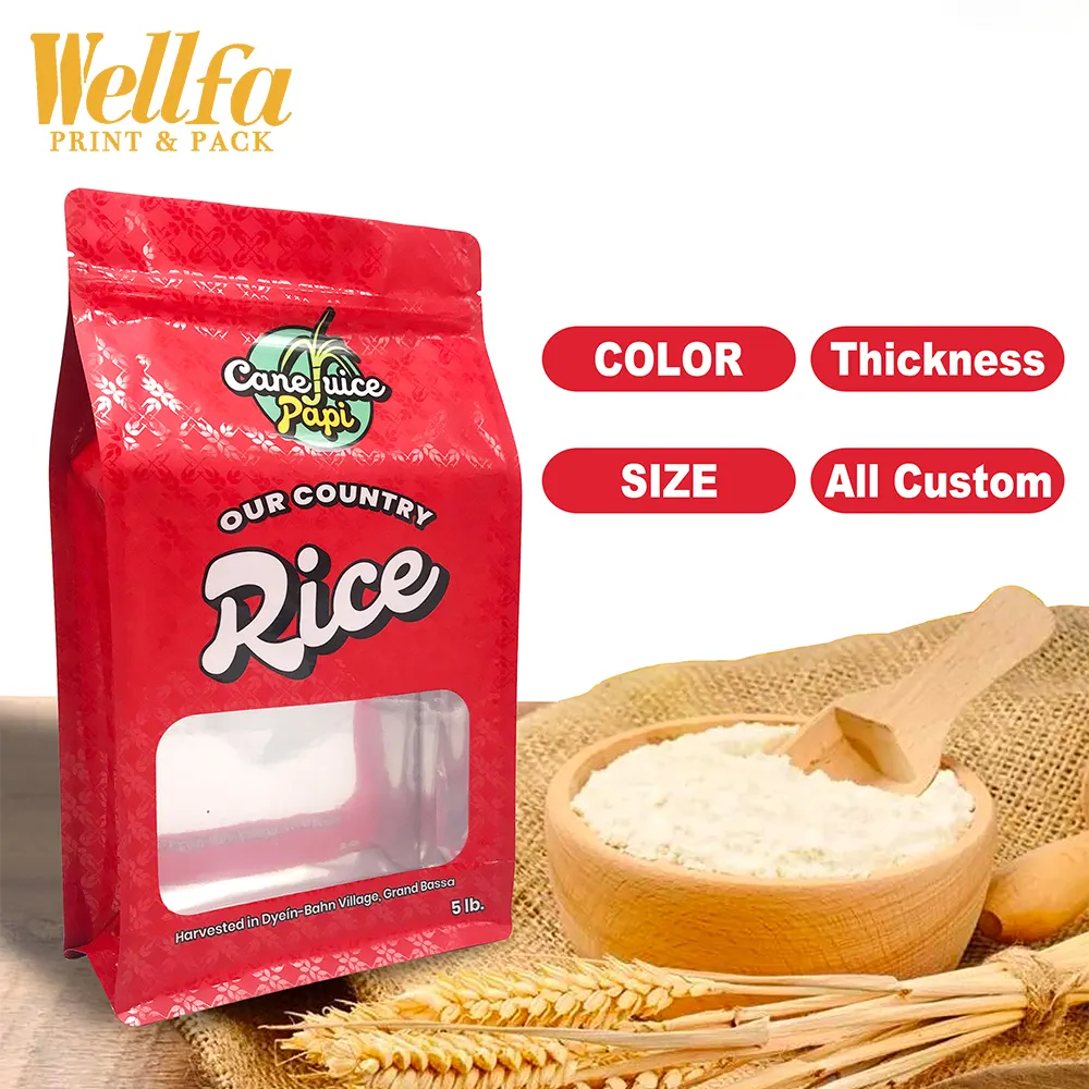Fábrica personalizada colorido impreso 5kg 10kg cremallera resellable plástico vacío bolsas de fondo plano bolsa de arroz vacía con ventana