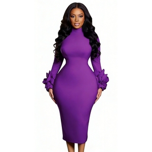 Robe moulante mi-longue à col haut pour femme - Détail floral 3D - Robes formelles africaines pour femmes - Mode - Product Image 3