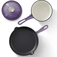 Ensemble de 4 ustensiles de cuisine en fonte émaillée avec cocotte et poêle, résistant au four et au lave-vaisselle, compatible gaz/induction, violet