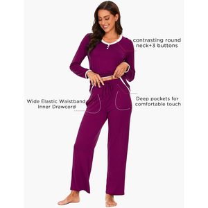 Ensemble pyjama en viscose de bambou personnalisé pour femmes, vêtements de nuit doux à manches longues, haut à col en V avec pantalon, vêtements de détente - Product Image 3