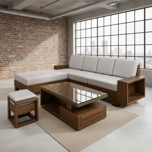 Ensemble de canapé en teck en forme de L au design scandinave moderne, coussins gris, table basse de rangement, ottoman pour villa, appartement, salon - Product Image 1
