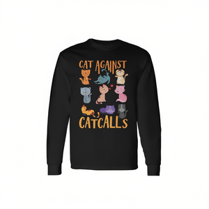 Camiseta de manga larga Cat Against Catcalls, unisex, cuello redondo, impresión digital, diseño activista promocional para adultos - Product Image 3
