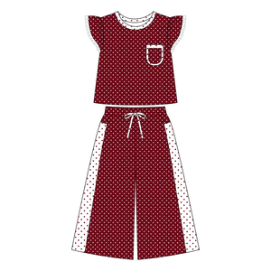 Vente en gros de hauts à manches volantées à pois pour fillettes avec poche et pantalon large, ensembles de 2 pièces, vêtements décontractés pour enfants - Product Image 4