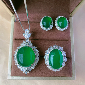 2026 new High Quality jewelry simulation green chalcedony plain light luxury set pendant 18*20 ring 13*18 - Product Image 1