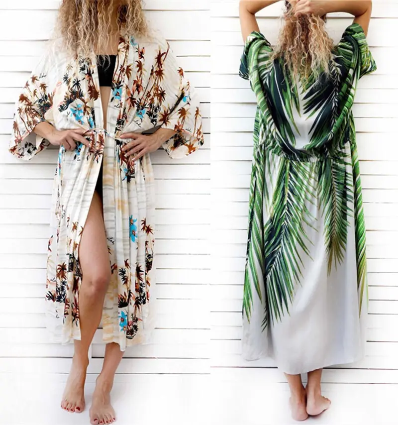 2021 Women Sexy Summer Print Bikini Cover-ups Beachwear Female Swimsuit Cover Up Beach Dress Long Kimono Plus Size Coverup