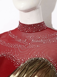 Robes de patinage artistique asymétriques à une manche en maille ornée de strass pour filles, avec ceinture dorée, costume de danse de compétition personnalisé - Product Image 3