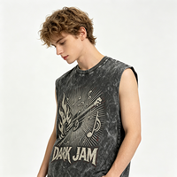 Kaos Tank Top Hitam Acid Wash Heavyweight Vintage Wash Sun Faded Streetwear DARK JAM Graphic Muscle Tee untuk Pria Unisex Grosir