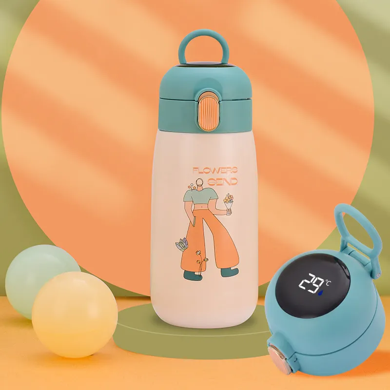 Cute Kids Smart Water Bottle 420ml 304 Stainless Steel Vacuum Insulated Thermos With Straw